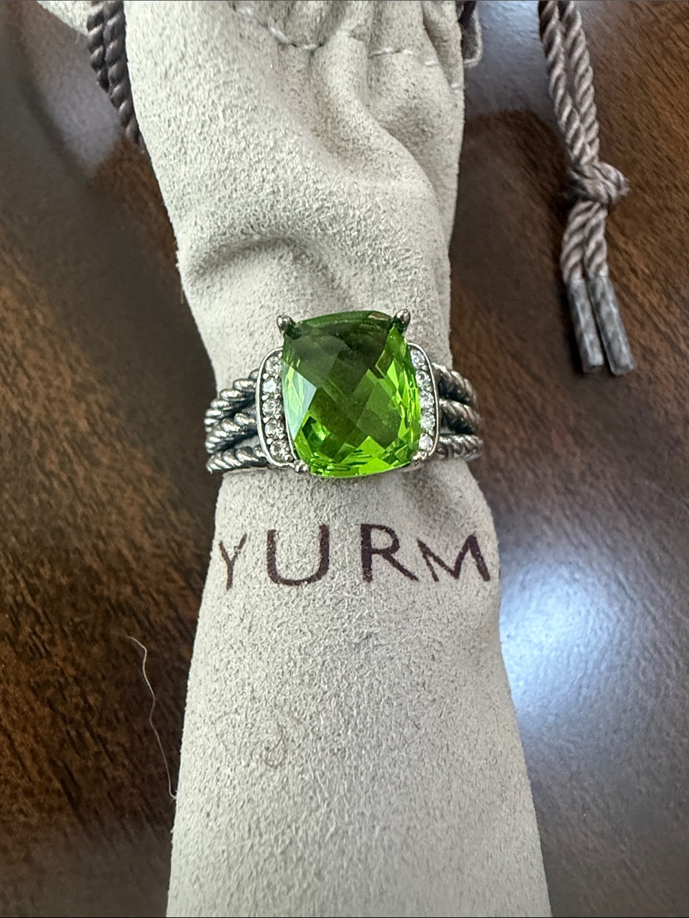 David Yurman Silver Ring with Peridot and Pavé Diamonds